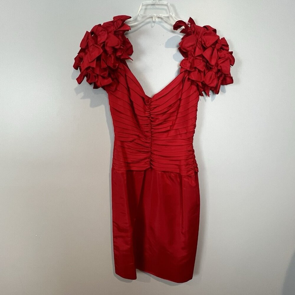 Tadashi Red Dress Size 6 Puffy Bow Shoulders V Neck Sheath Vintage USA Made